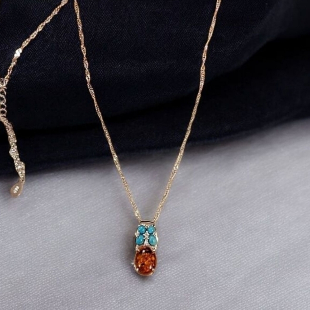 SOUTHWESTERN Turquoise Amber Sterling Silver 925 Pendant Necklace Sterling Chain